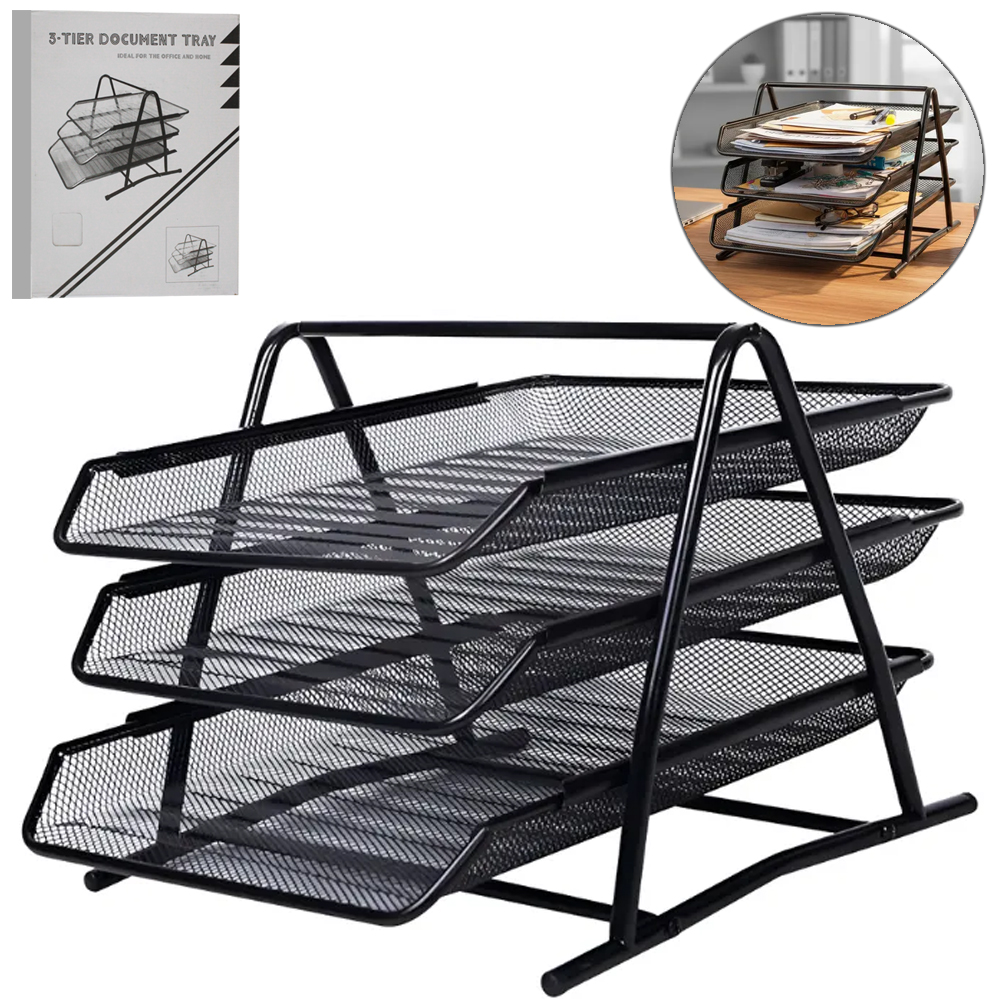 ORGANIZADOR DE MESA DE ESCRITORIO ARAMADO COM 3 DIVISORIAS 35X30X26CM