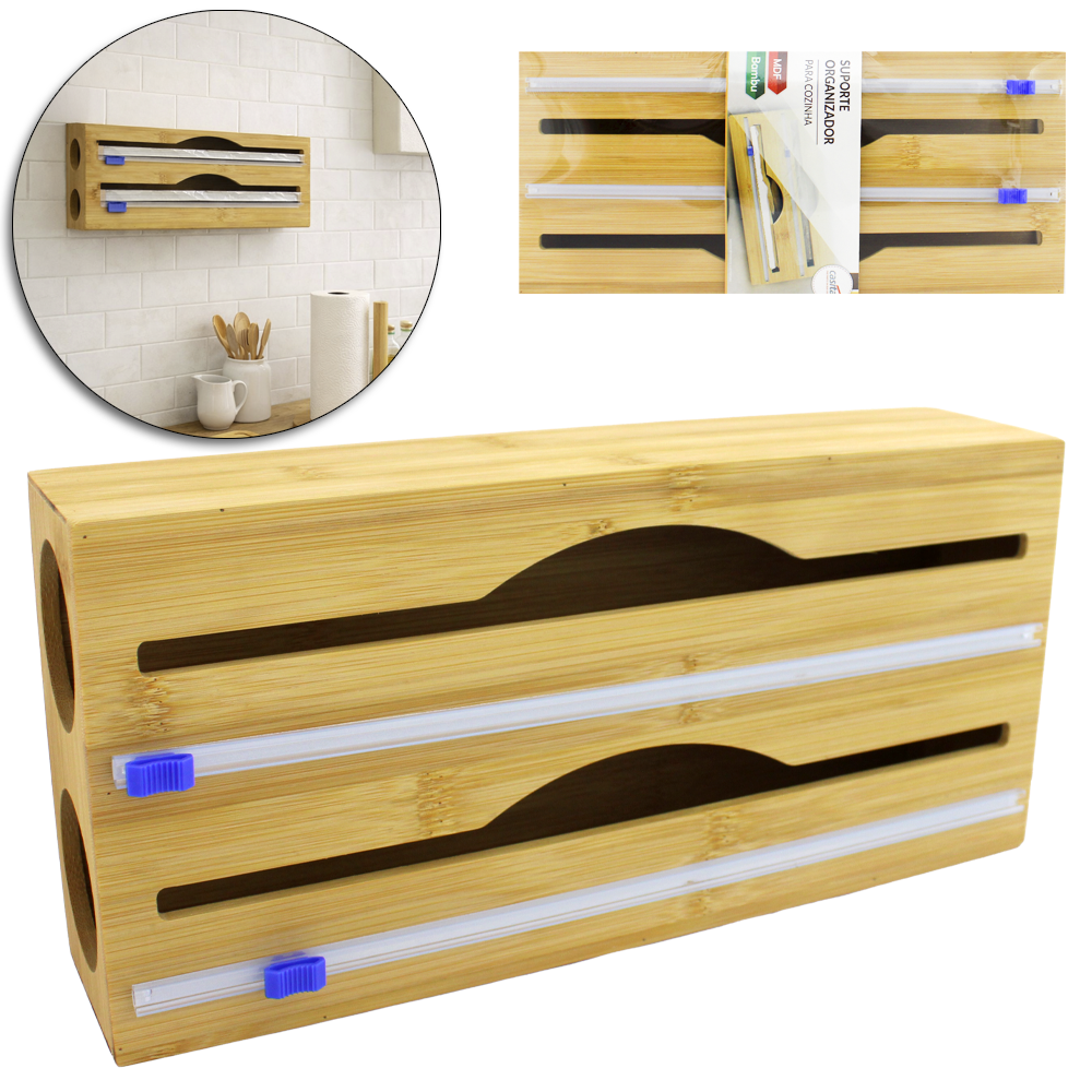 SUPORTE ORGANIZAODR PARA COZINHA PORTA PAPEL ALUMINIO / FILME DE PVC DE BAMBU E MDF 33,5X15,5X7,5CM