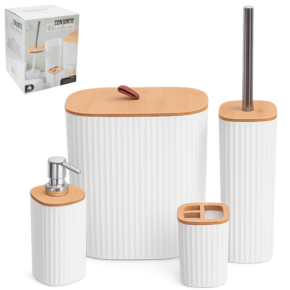 JOGO PARA BANHEIRO COM LIXEIRA + ESCOVA SANITARIA CABO INOX+ PORTA SABONETE LIQUIDO E PORTA ESCOVA DE PLASTICO / BAMBU
