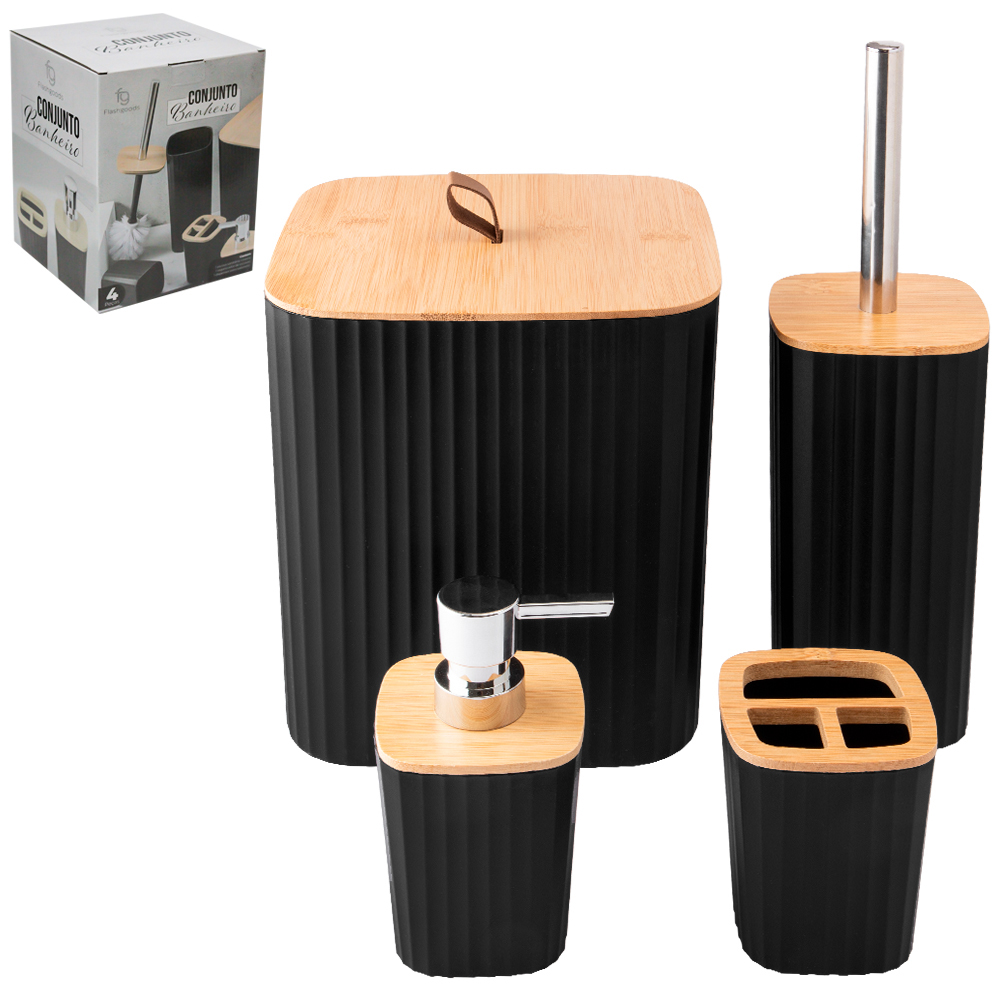 JOGO PARA BANHEIRO COM LIXEIRA + ESCOVA SANITARIA CABO INOX + PORTA SABONETE LIQUIDO E PORTA ESCOVA DE PLASTICO / BAMBU