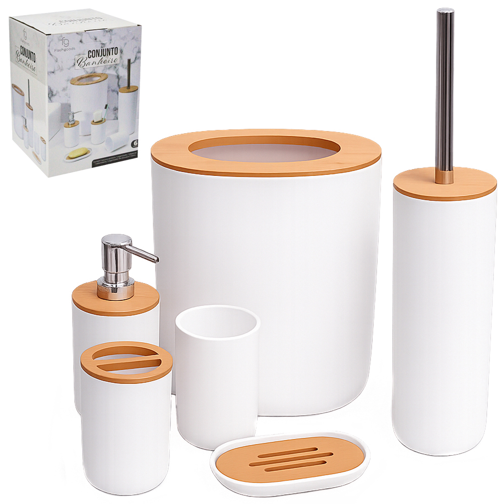 JOGO BANHEIRO LIXEIRA / ESCOVA SANITARIA CABO INOX / PORTA SABONETE LIQUIDO / SABONETEIRA / PORTA ESCOVA / COPO PLASTICO