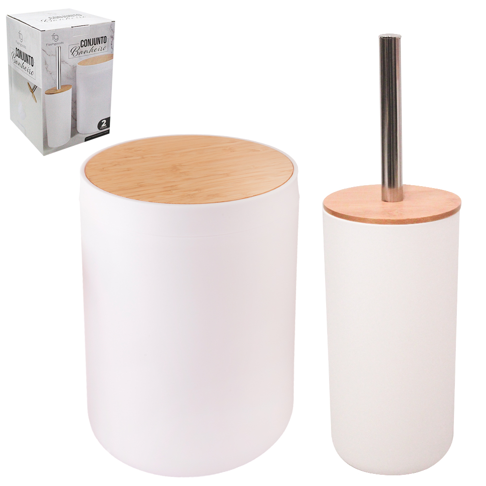 JOGO PARA BANHEIRO COM LIXEIRA DE PLASTICO REDONDO + TAMPA DE BAMBU E ESCOVA SANITARIA COM SUPORTE CABO INOX