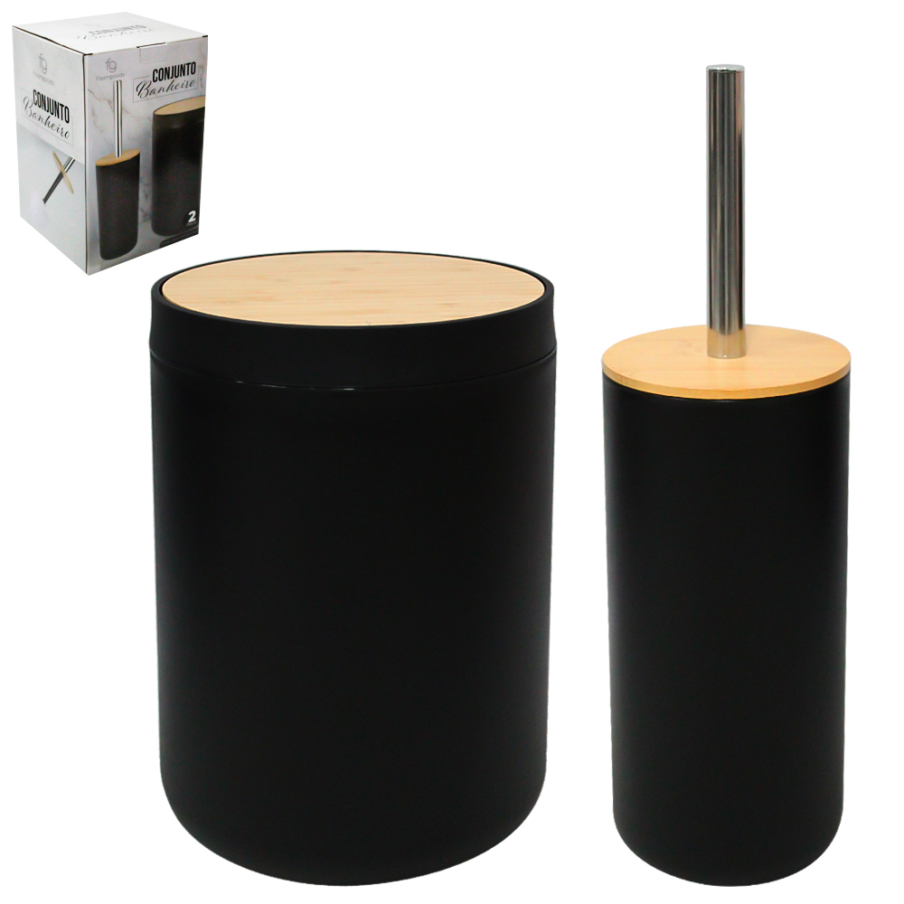 JOGO PARA BANHEIRO COM LIXEIRA DE PLASTICO REDONDO + TAMPA BAMBU E ESCOVA SANITARIA COM SUPORTE CABO INOX