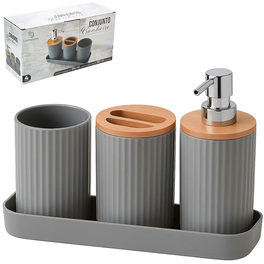 JOGO PARA BANHEIRO DE PLASTICO / BAMBU COM SUPORTE CINZA 4 PECAS 350ML