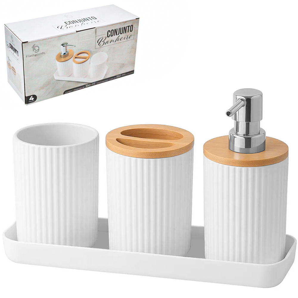 JOGO PARA BANHEIRO DE PLASTICO / BAMBU COM SUPORTE BRANCO 4 PECAS 350ML