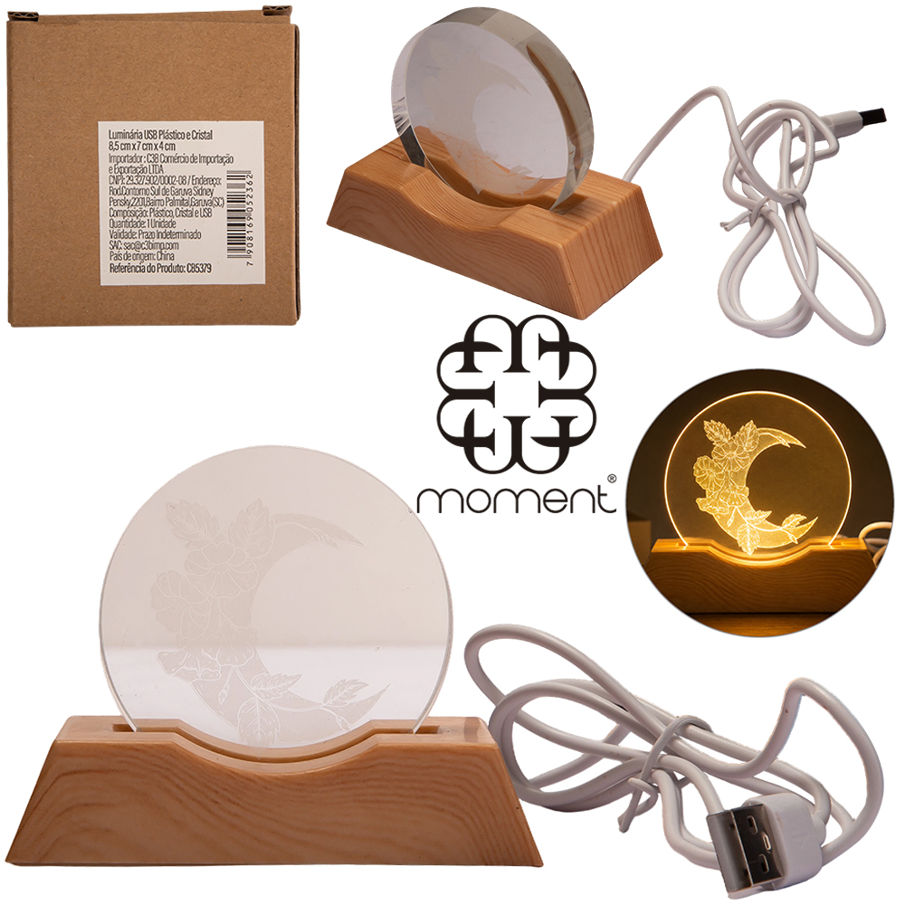 ENFEITE LUMINOSO DECORATIVO DE ACRILICO CRISTAL COM BASE DE PLASTICO TIPO MADEIRA 5 LEDS USB 8,5X7X4CM
