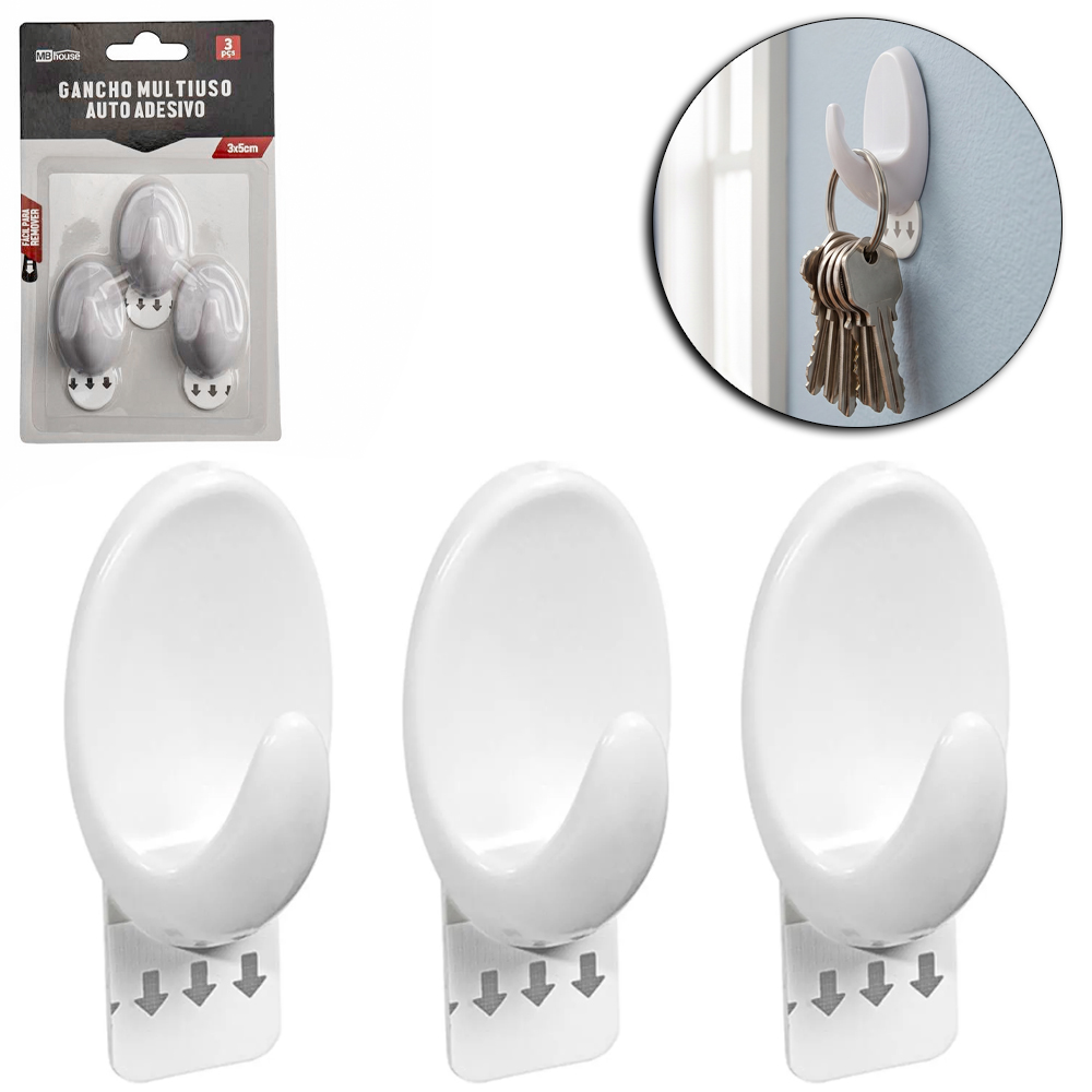 CABIDE GANCHO DE PLASTICO OVAL AUTOADESIVO COM 3 PECAS 5X3CM MB HOUSE