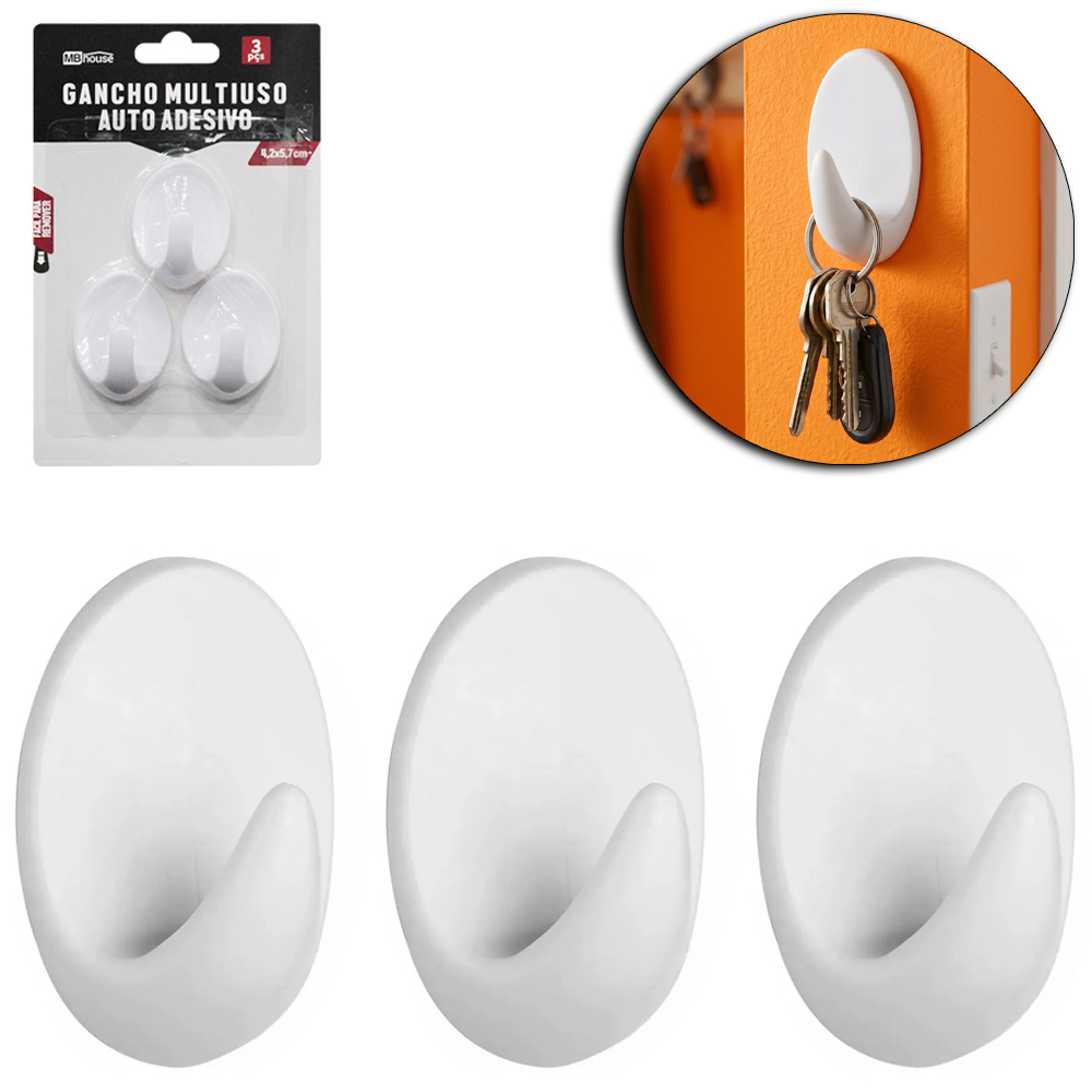 CABIDE GANCHO DE PLASTICO OVAL AUTOADESIVO COM 3 PECAS 5,7X4,2CM MB HOUSE