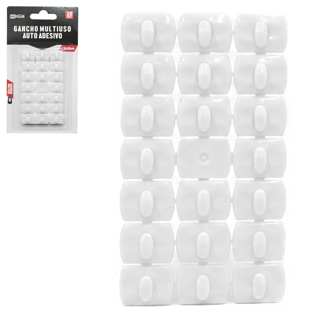 CABIDE GANCHO DE PLASTICO RETANGULAR AUTOADESIVO COM 20 PECAS 1,8X1,3CM MB HOUSE