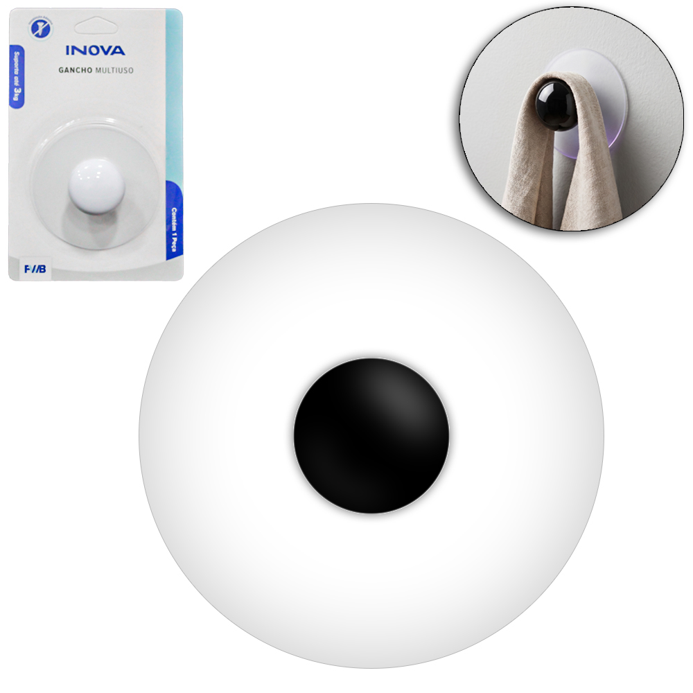 CABIDE GANCHO DE PORCELANA REDONDO AUTOADESIVO TRANSPARENTE PRETO / BRANCO INOVA 7,2CM DE Ø