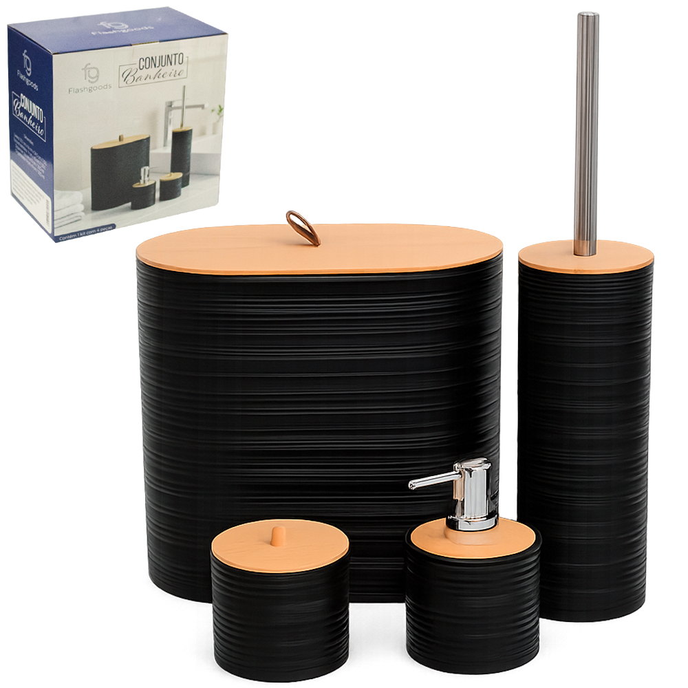 JOGO PARA BANHEIRO COM LIXEIRA / ESCOVA SANITARIA CABO INOX/PORTA SABONETE LIQUIDO / PORTA ALGODAO / COTONETE PLASTICO