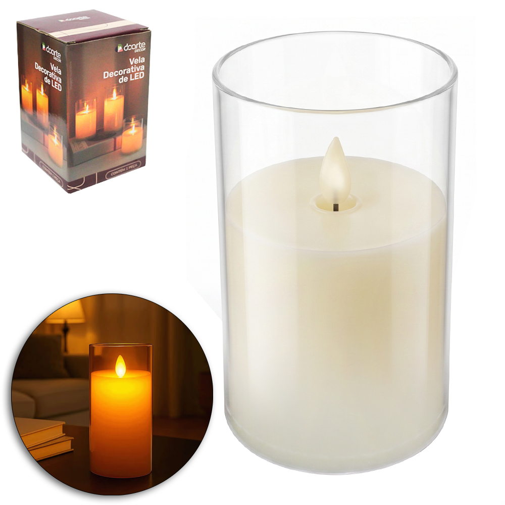 VELA DECORATIVA ELETRONICA DE LED COM CASTICAL DE ACRILICO M DECOR A PILHA 12,5X7,5CM DE Ø 