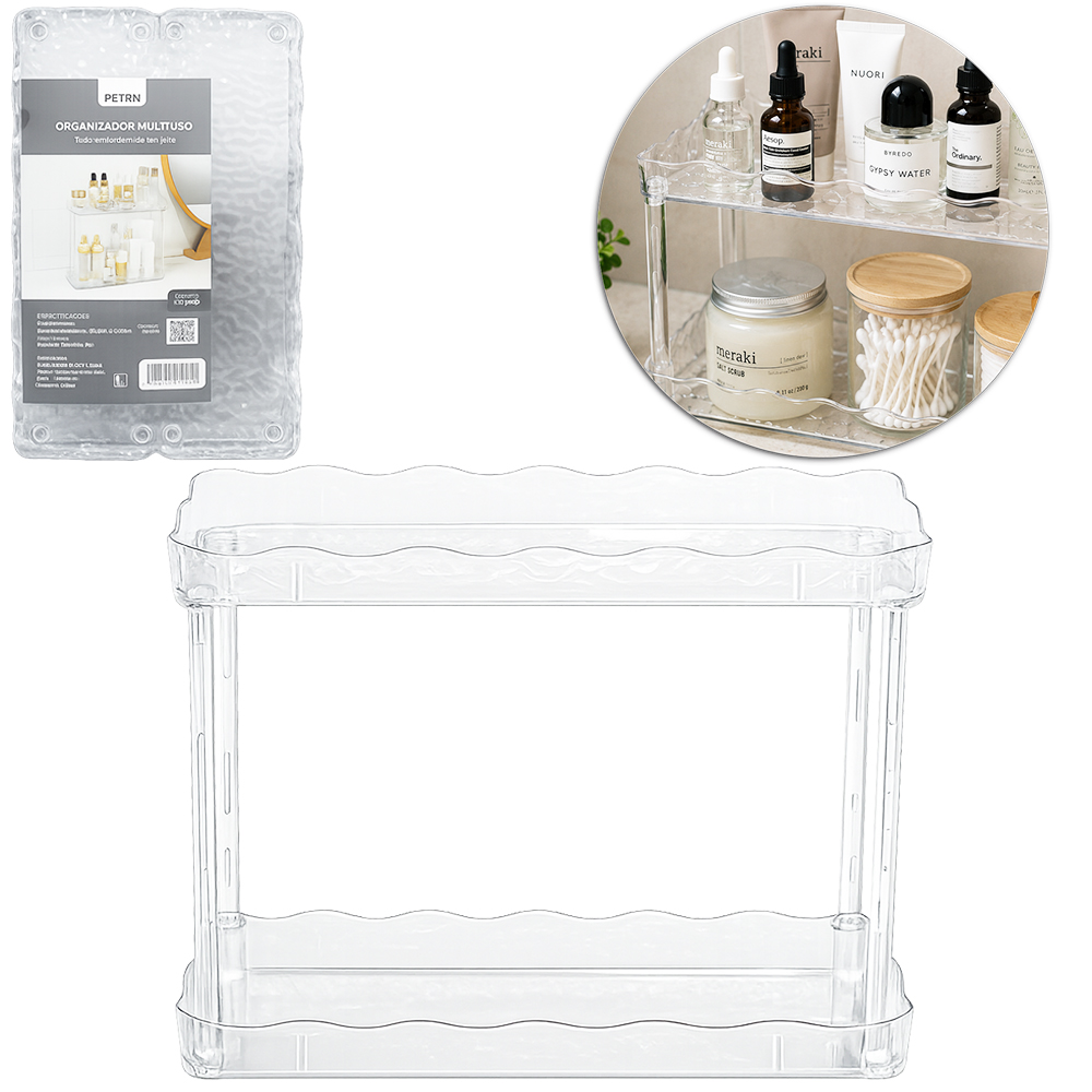 ORGANIZADOR PRATELEIRA DUPLA DE PLASTICO PET FLEXIVEL RETANGULAR MULTIUSO 26,5X21X9CM