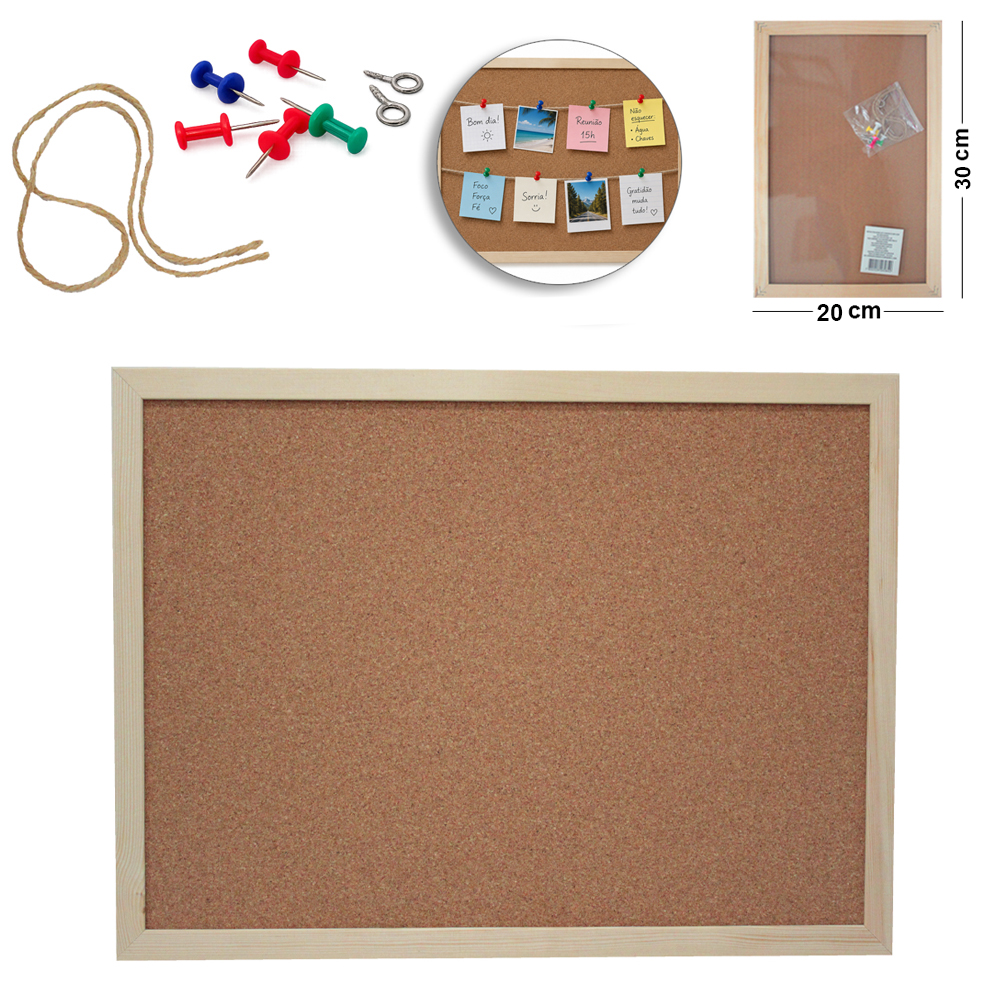 QUADRO PORTA RECADO CORTICA DE MADEIRA COM 5 ALFINETE / TACHINHA TACA E CORDA 30X20CM