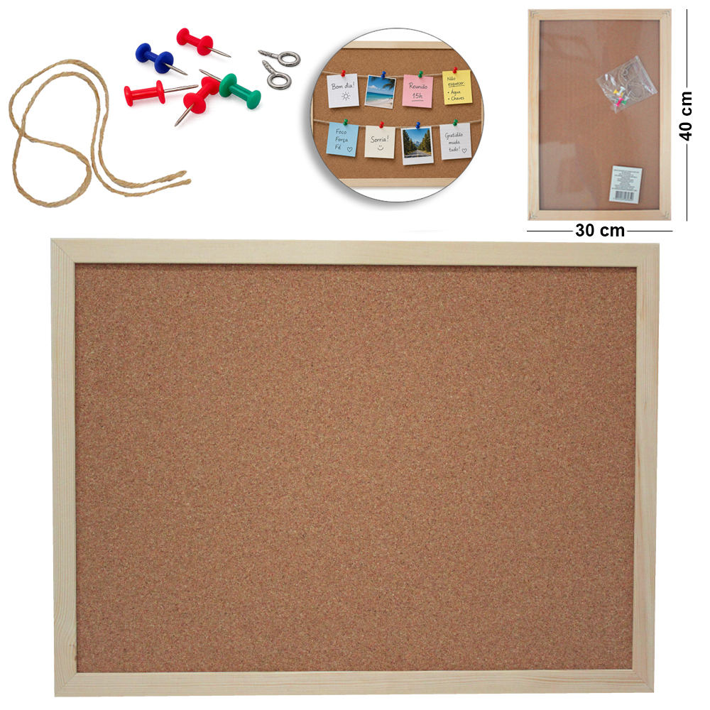 QUADRO PORTA RECADO CORTICA DE MADEIRA COM 5 ALFINETE / TACHINHA TACA E CORDA 40X30CM