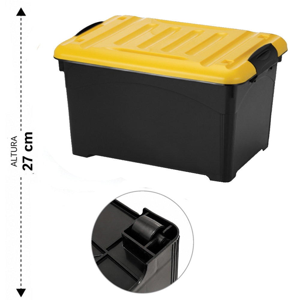 CAIXA ORGANIZADOR CONTAINER PLASTICO RETANGULAR EMPILHAVEL BLACK COM RODIZIO + ALCA E TAMPA AMARELA 25L 45X32X27CM 