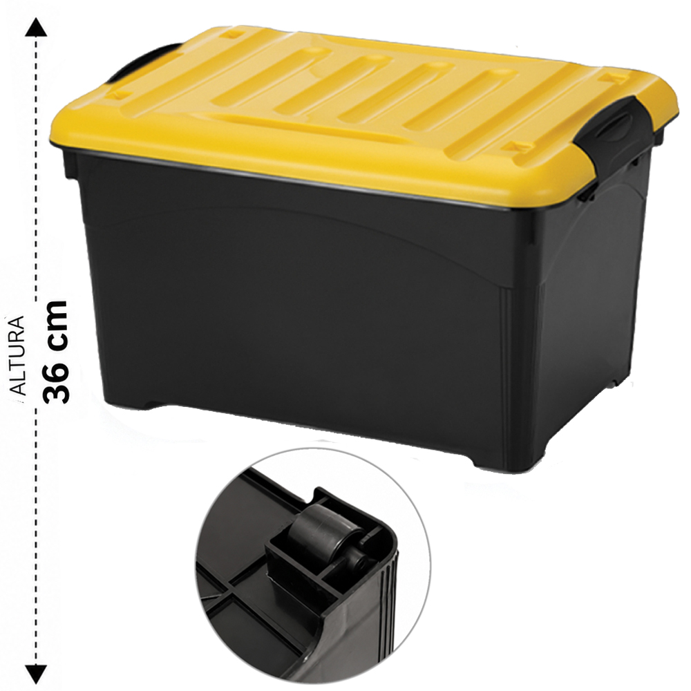 CAIXA ORGANIZADOR CONTAINER PLASTICO RETANGULAR EMPILHAVEL BLACK COM RODIZIO + ALCA E TAMPA AMARELA 65L 60X42X36CM 