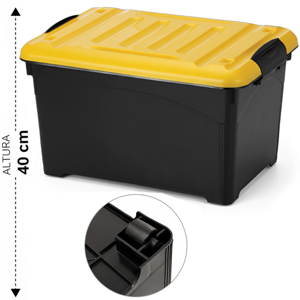 CAIXA ORGANIZADOR CONTAINER PLASTICO RETANGULAR EMPILHAVEL BLACK COM RODIZIO + ALCA E TAMPA AMARELA 95L 67X47X40CM 