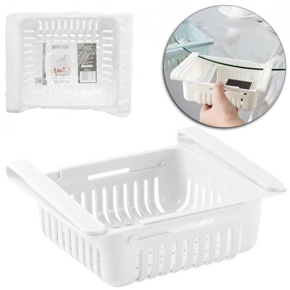 ORGANIZADOR DE GAVETA / PRATELEIRA MULTIUSO RETRATIL DE PLASTICO BRANCO 28X15,5X7CM