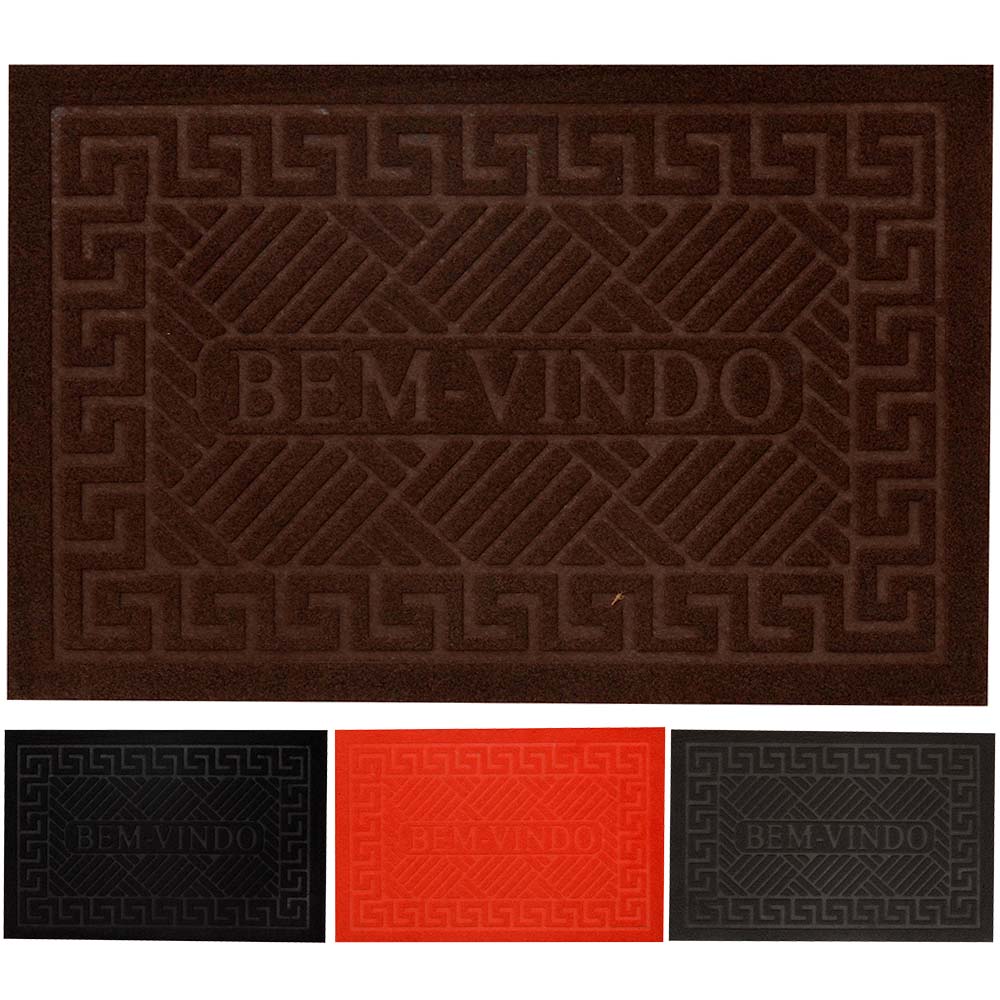 TAPETE CAPACHO DE PISO DE VELUDO RETANGULAR EMBORRACHADO BEM VINDO 58X38CM