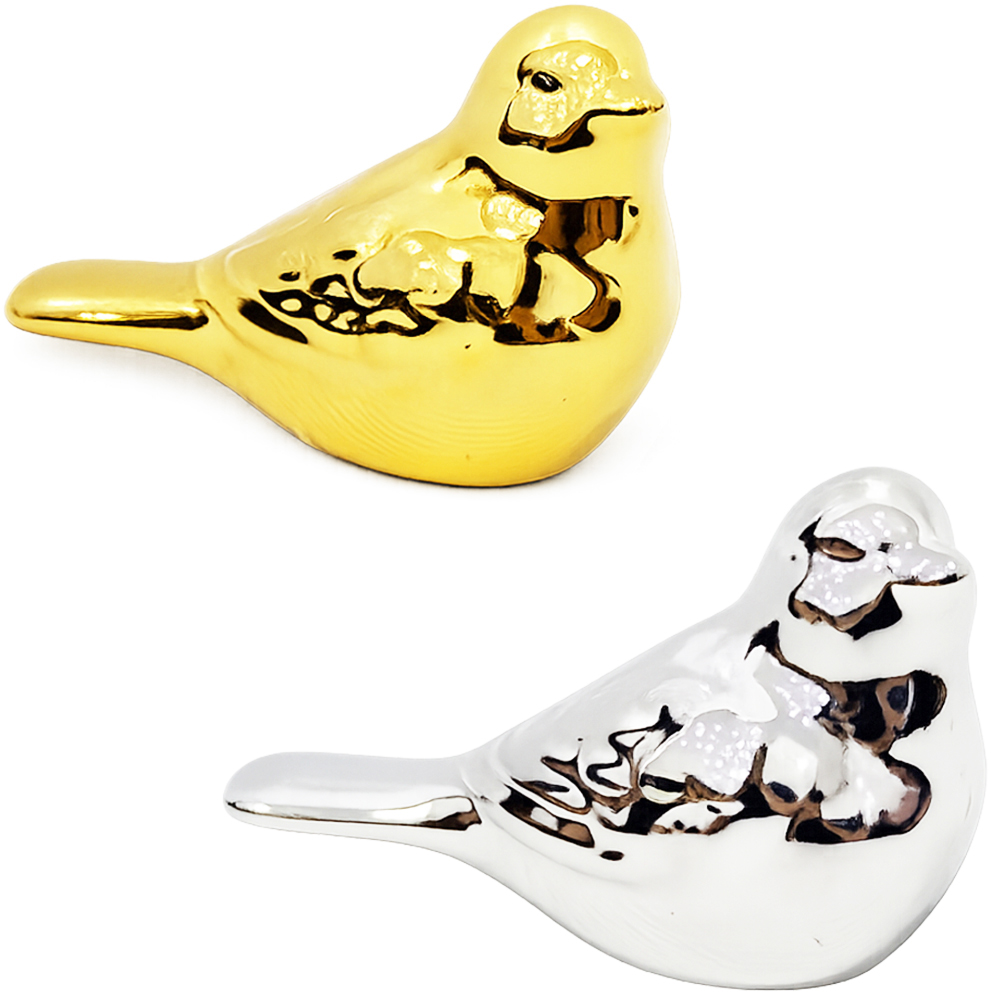ENFEITE PASSARO DE PORCELANA METALIZADO 11,5X7,5X6CM 