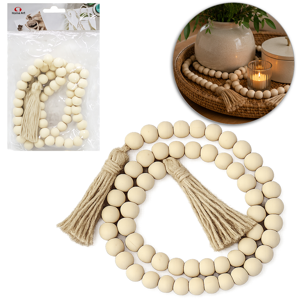 COLAR DE MESA DECORATIVO EM CONTAS DE MADEIRA FRANJA 100CM 