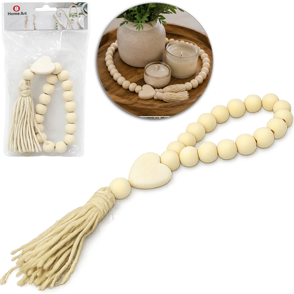 COLAR DE MESA DECORATIVO EM CONTAS DE MADEIRA COM CORACAO E FRANJA 25CM 