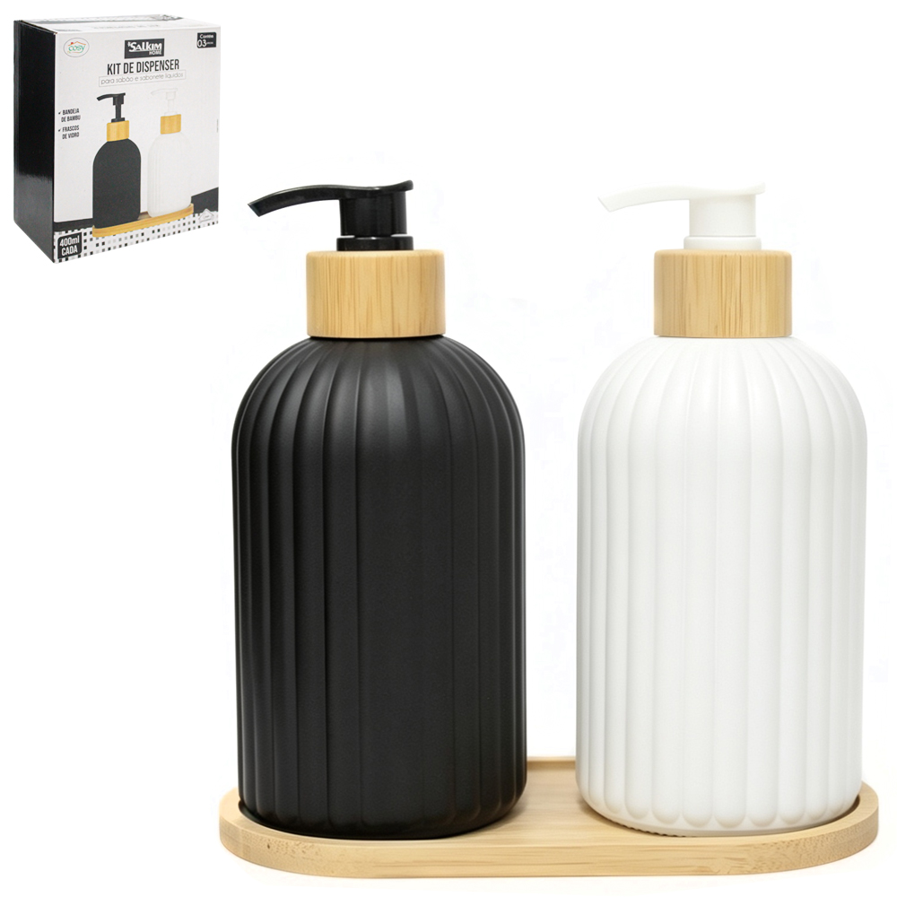 PORTA SABONETE LIQUIDO DE VIDRO REDONDO GOLA DE BAMBU COM 2 PECAS 400ML + BANDEJA