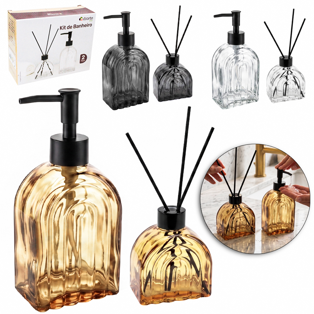 JOGO PARA BANHEIRO COM DIFUSOR DE AROMAS PARA AMBIENTES DE VIDRO ARCOS TRANSCOLOR 390 / 220ML