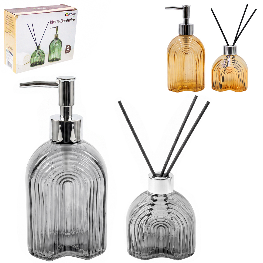 JOGO PARA BANHEIRO COM DIFUSOR DE AROMAS PARA AMBIENTES DE VIDRO ARCOS TRANSCOLOR 300 / 170ML