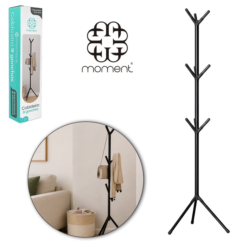 CABIDEIRO MANCEBO DE PISO DE ACO / PLASTICO COM 9 GANCHOS MOMENT PRETO 10KG 163CM