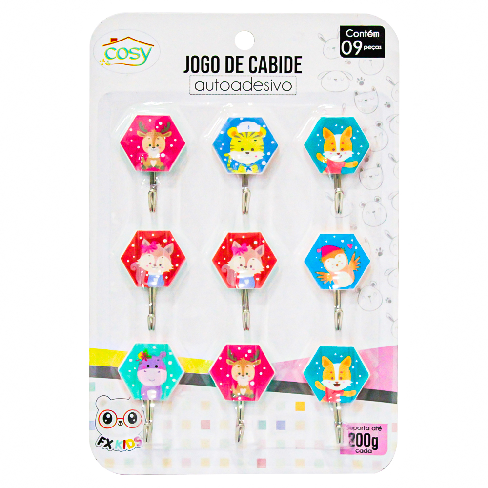CABIDE GANCHO DE METAL BICHINHOS AUTOADESIVO COM 9 PECAS 5X3,5CM