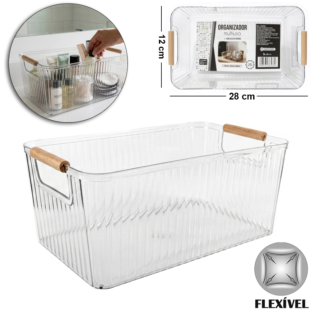 CAIXA ORGANIZADOR DE PLASTICO PET FLEXIVEL COM ALCA DE MADEIRA 28X18X12CM