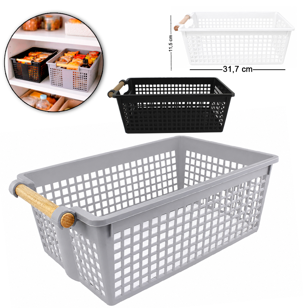 CESTO ORGANIZADOR DE PLASTICO RETANGULAR VAZADO COM ALCA MADEIRA 31,7X19,5X11,5CM