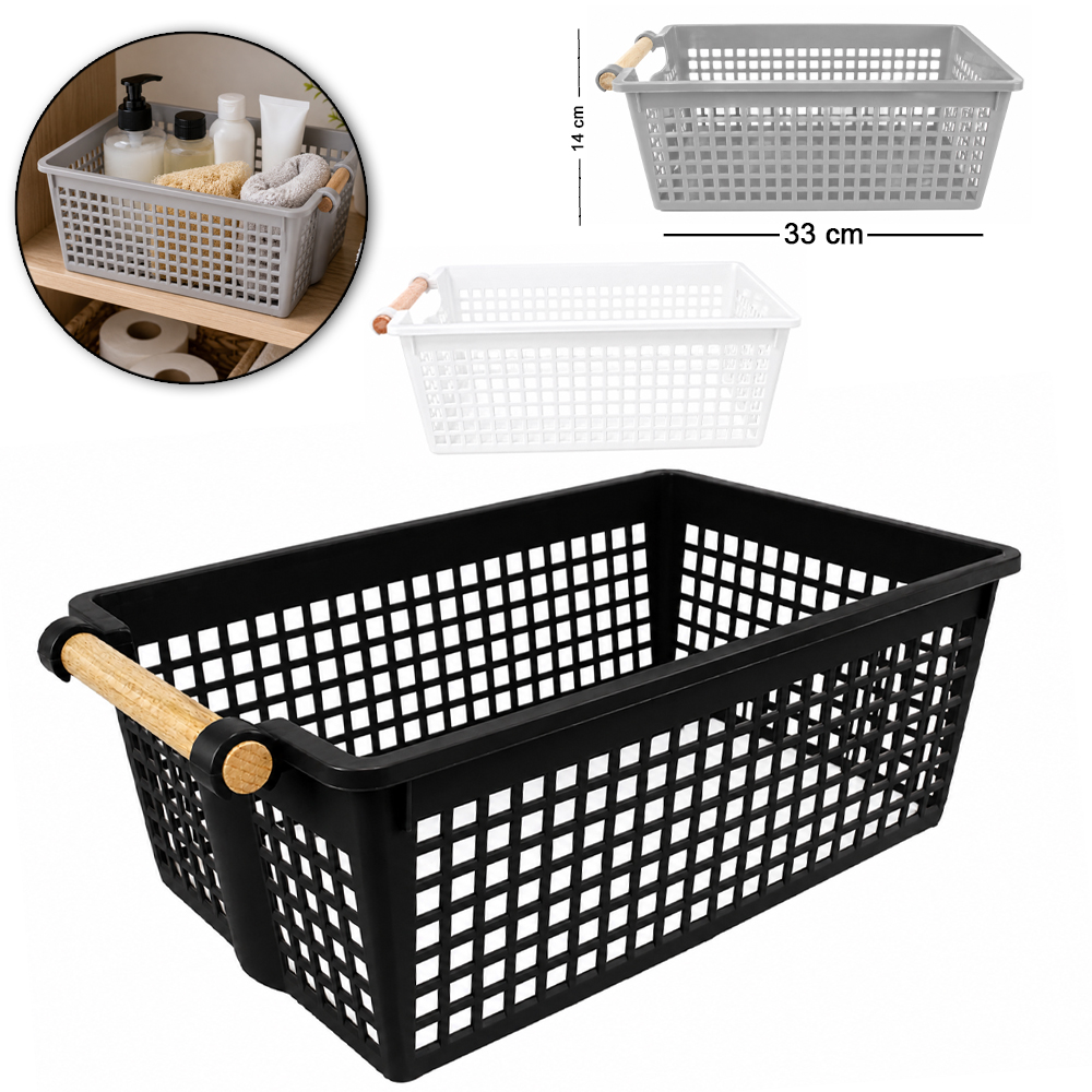 CESTO ORGANIZADOR DE PLASTICO RETANGULAR VAZADO COM ALCA MADEIRA 33X18X14CM
