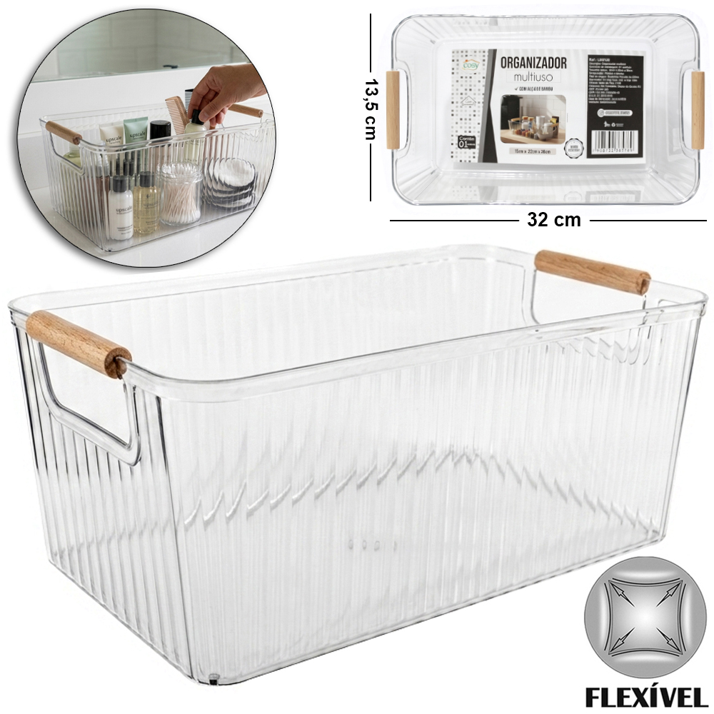 CAIXA ORGANIZADOR DE PLASTICO PET FLEXIVEL COM ALCA DE MADEIRA 32X20X13,5CM