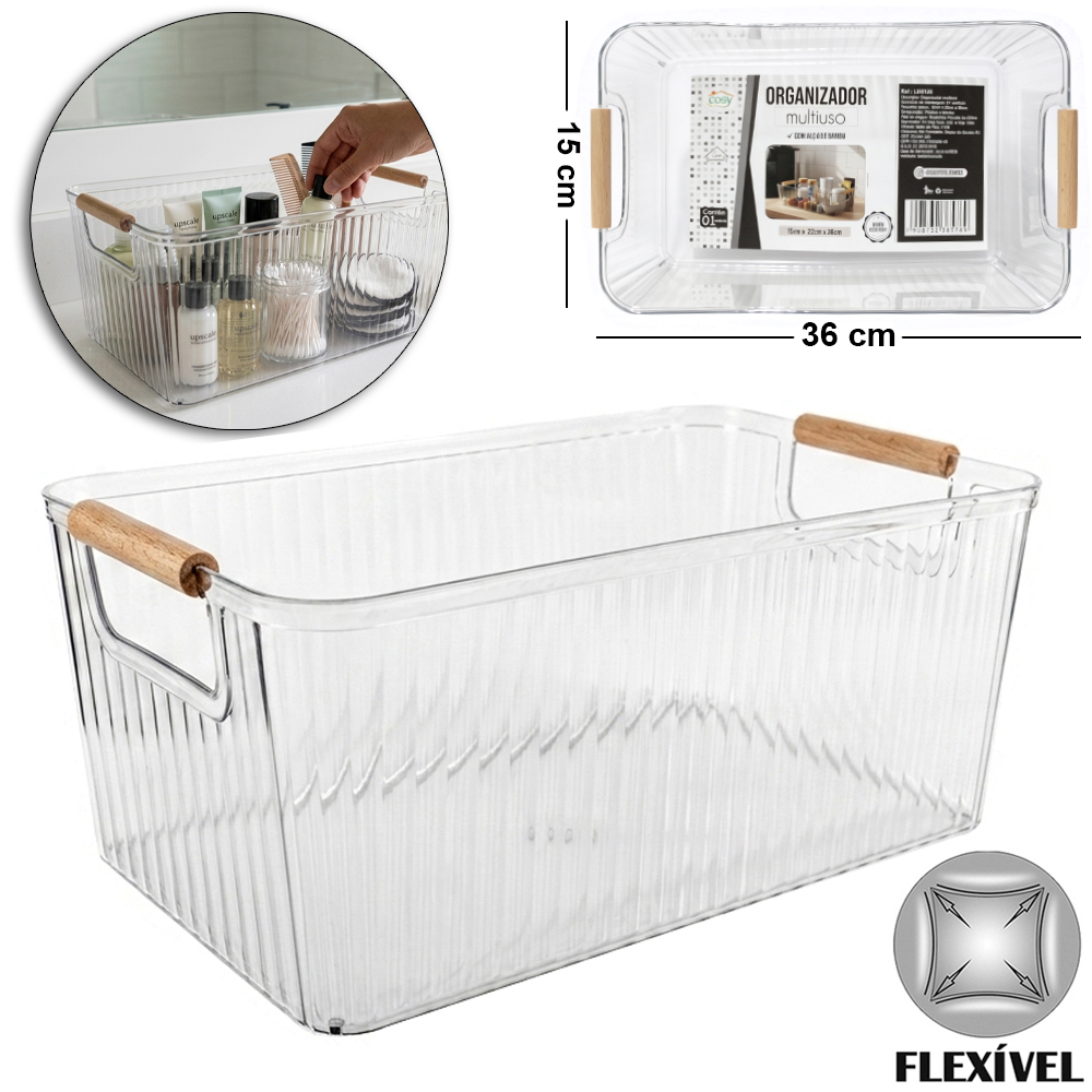 CAIXA ORGANIZADOR DE PLASTICO PET FLEXIVEL COM ALCA DE MADEIRA 36X22X15CM