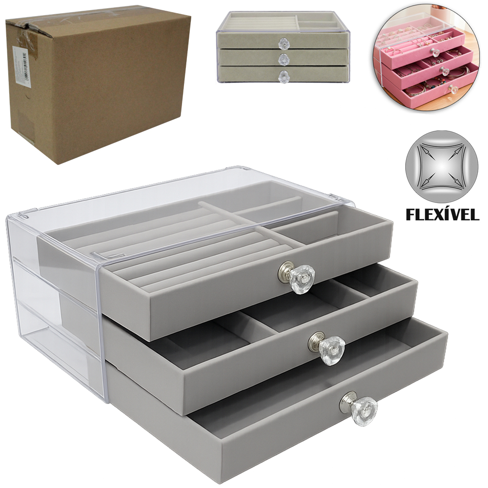 ORGANIZADOR PORTA JOIAS POLIESTER / PLASTICO PET FLEXIVEL RETANGULAR 3 GAVETAS + 10 DIVISORIAS 23,5X13,5X11CM