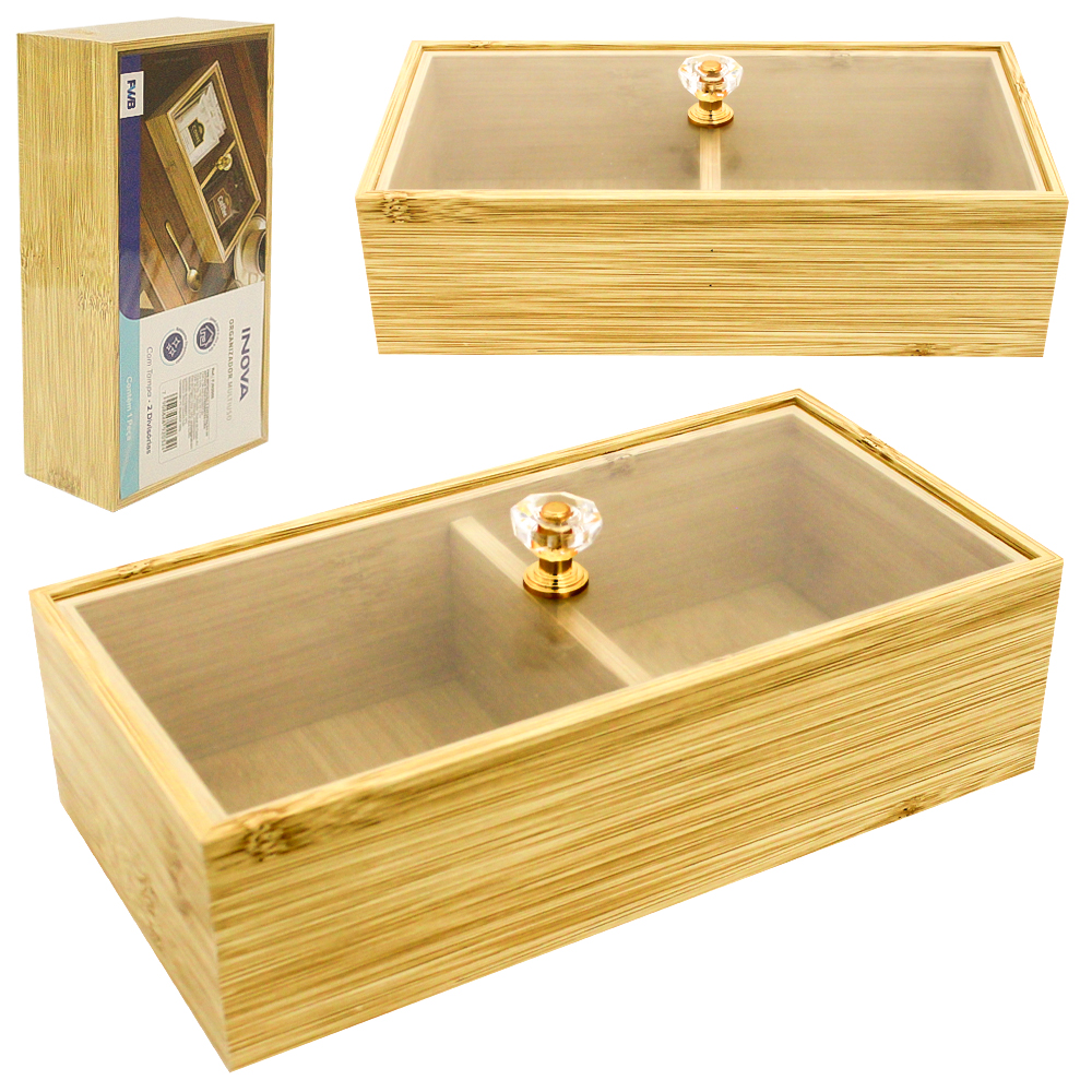 CAIXA ORGANIZADOR DE MADEIRA MDF RETANGULAR PARA CHA COM 2 DIVISORIAS + TAMPA ACRILICO MULTIUSO INOVA 20X10X5,7CM