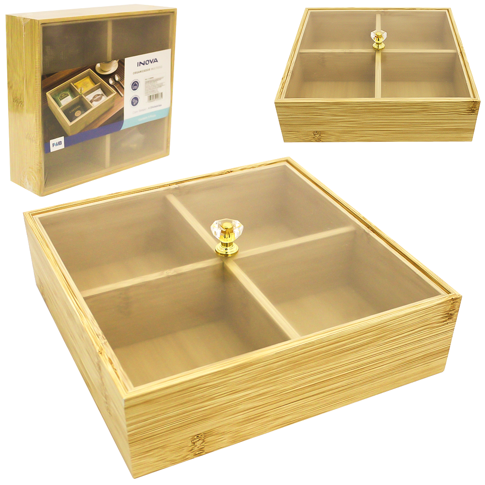CAIXA ORGANIZADOR DE MADEIRA MDF QUADRADA PARA CHA COM 4 DIVISORIAS + TAMPA ACRILICO MULTIUSO INOVA 20X5,7CM