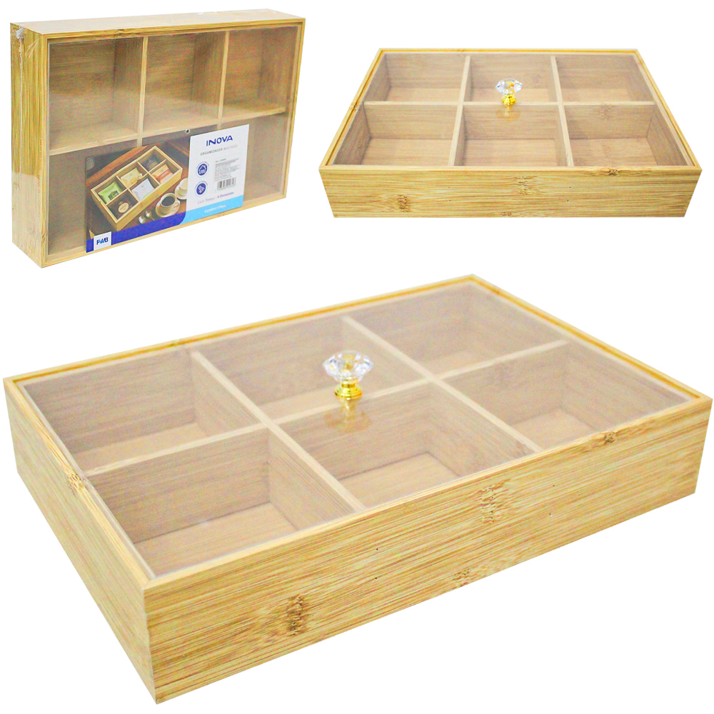 CAIXA ORGANIZADOR DE MADEIRA MDF RETANGULAR PARA CHA COM 6 DIVISORIAS + TAMPA ACRILICO MULTIUSO 30X20X5,7CM