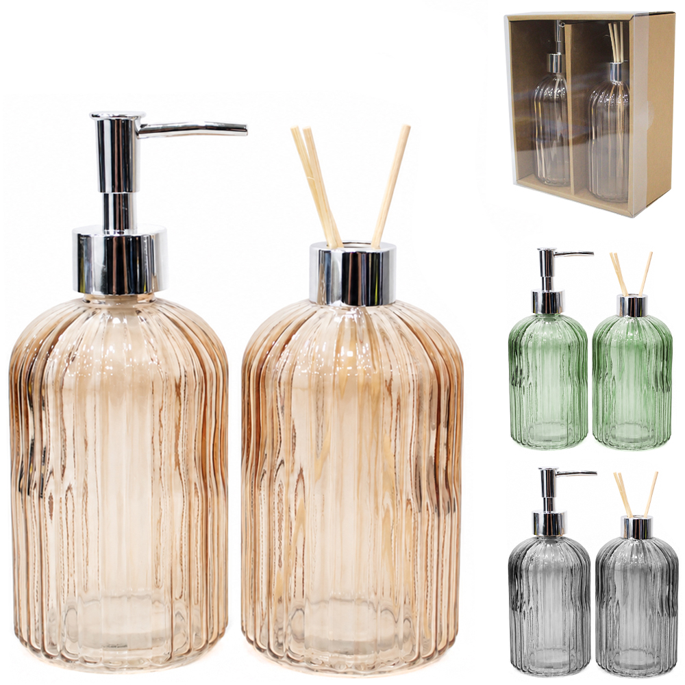 JOGO PARA BANHEIRO COM DIFUSOR DE AROMAS PARA AMBIENTES DE VIDRO TRANSCOLOR 500ML 