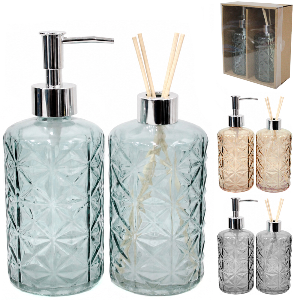 JOGO PARA BANHEIRO COM DIFUSOR DE AROMAS PARA AMBIENTES DE VIDRO TRANSCOLOR 500ML 