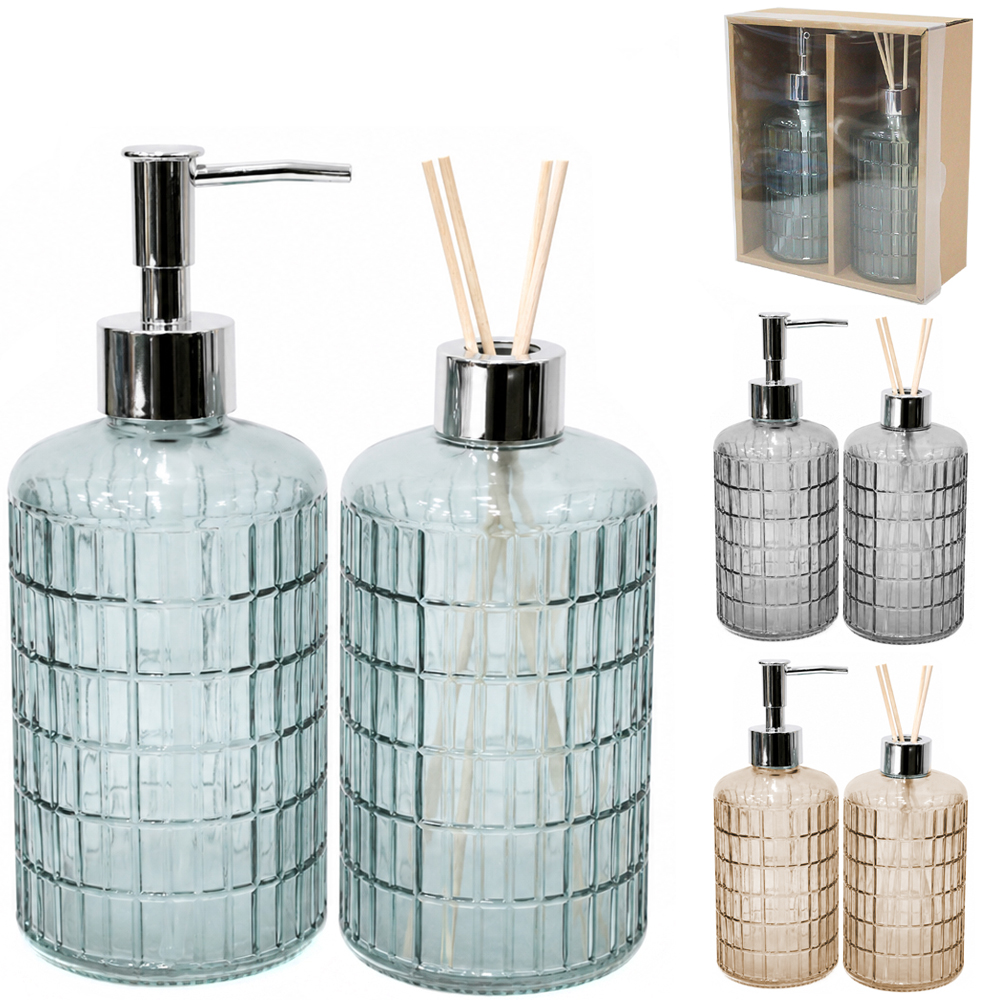 JOGO PARA BANHEIRO COM DIFUSOR DE AROMAS PARA AMBIENTES DE VIDRO TRANSCOLOR 500ML  