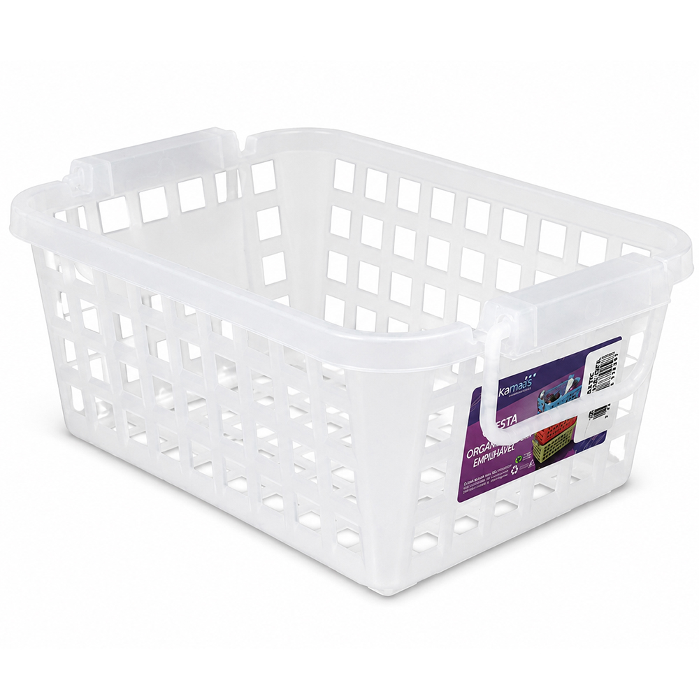 CESTO ORGANIZADOR DE PLASTICO  RETANGULAR VAZADO EMPILHAVEL COM ALCA CRISTAL DIKAMAIS 23,5X16X9,5CM