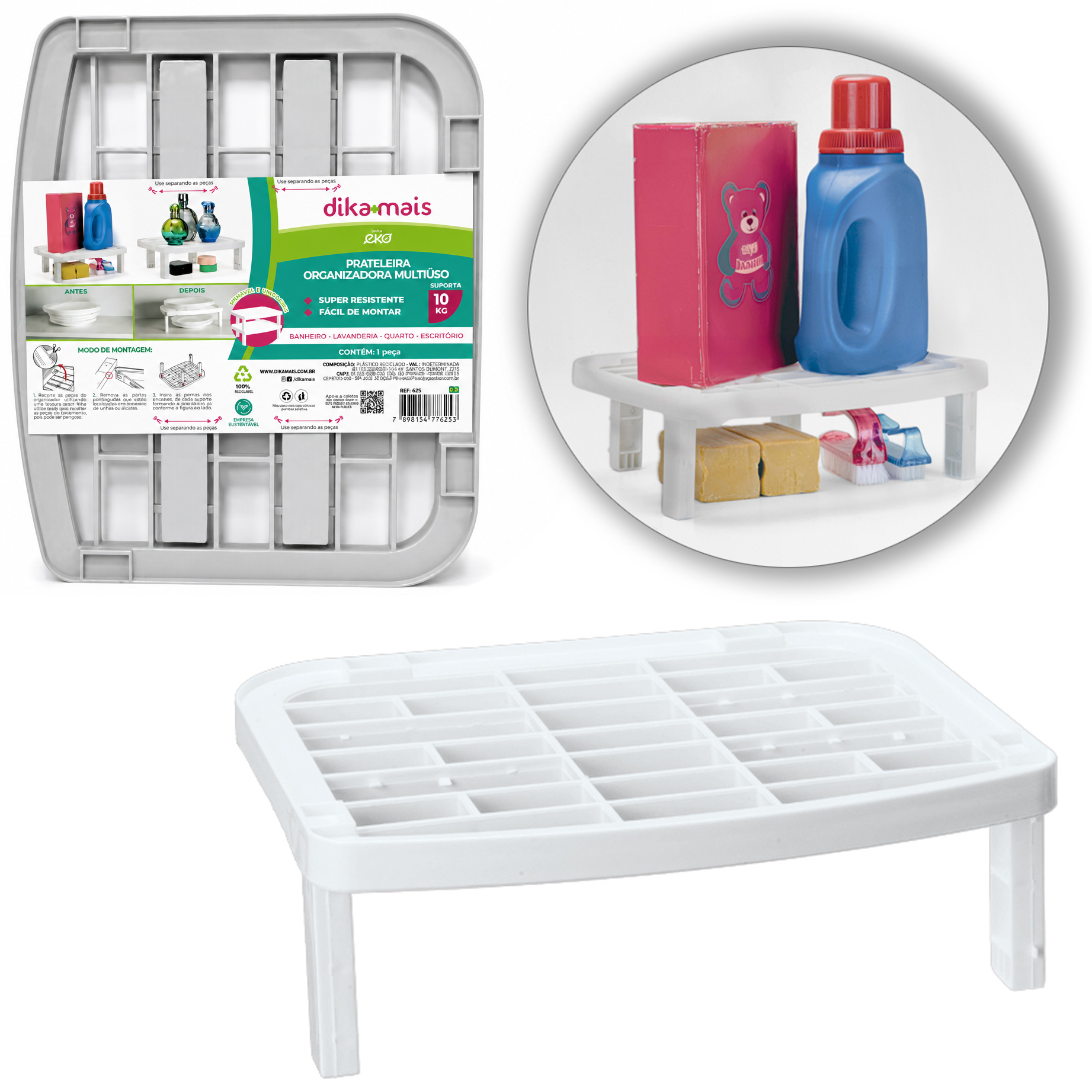 PRATELEIRA ORGANIZADOR DE PLASTICO RETANGULAR EMPILHAVEL EKO DIKAMAIS 26X21X8CM