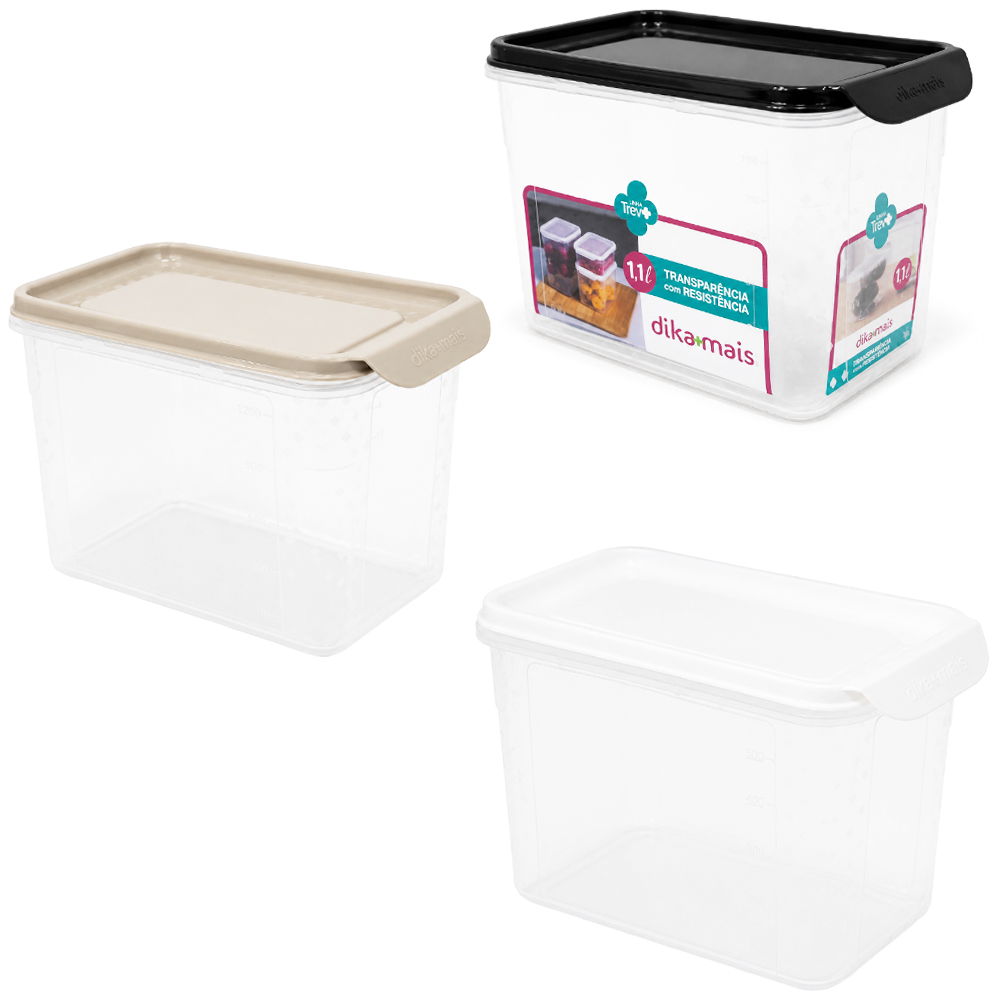 ORGANIZADOR DE PLASTICO RETANGULAR EMPILHAVEL GRADUADO TREVO DIKAMAIS COM TAMPA 1,2L