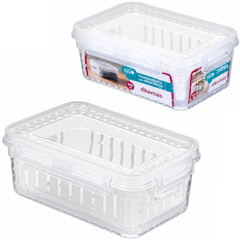 ORGANIZADOR DE PLASTICO RETANGULAR EMPILHAVEL GRADUADO COM CESTO ESCORREDOR + TAMPA E TRAVA TREVO DIKAMAIS 500ML