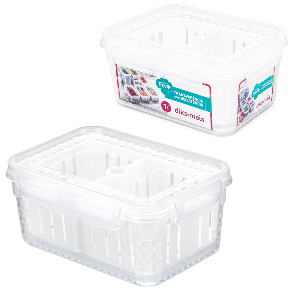 ORGANIZADOR DE PLASTICO RETANGULAR EMPILHAVEL GRADUADO COM 2 CESTOS ESCORREDOR + TAMPA E TRAVA TREVO DIKAMAIS 1L