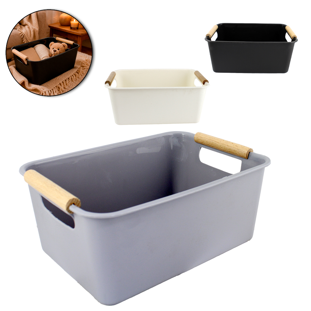 CESTO ORGANIZADOR DE PLASTICO RETANGULAR COM ALCA DE MADEIRA 24,5X17X10,5CM